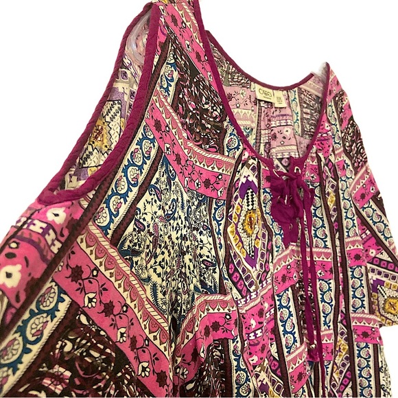 CATO Women’s Patchwork Print Pullover Front Tie Cold Shoulder Blouse - Picture 3 of 5